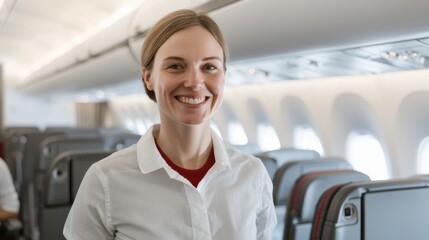 Flight procedures explained by warm attendant on airplane in-flight environment professional image