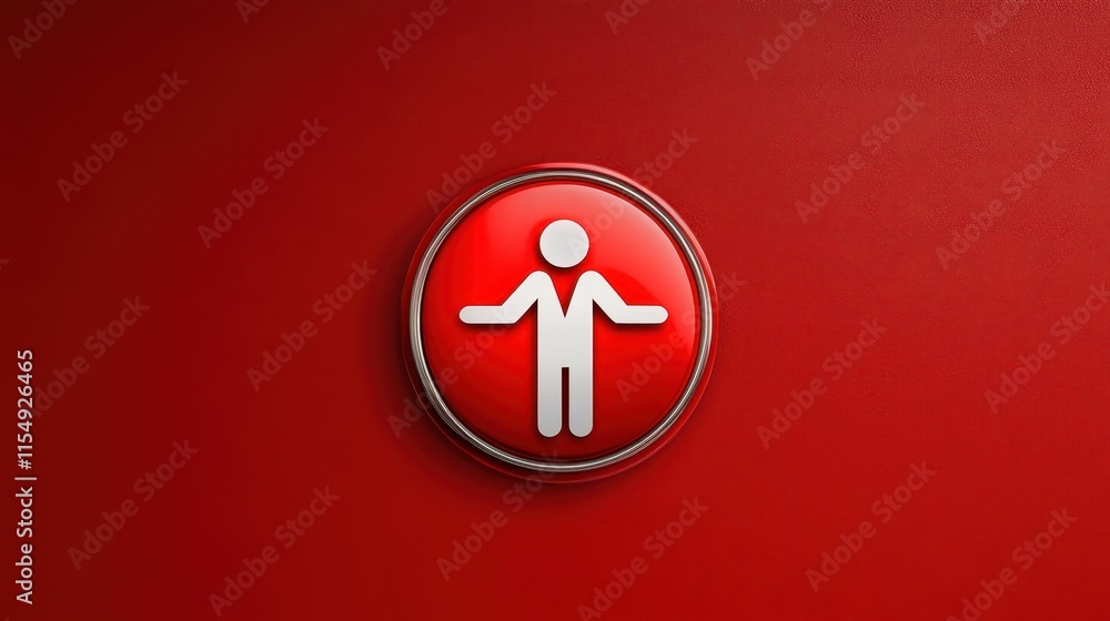 Poster red button with white man icon, symbol of access, activation and alert in digital interfaces physica