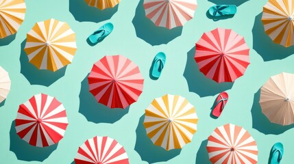 Summer beach pattern design, organized umbrella grid layout, two-tone beach parasols, candy striped beach towels, minimal beach accessories, turquoise flip flops, contemporary vector art, pastel