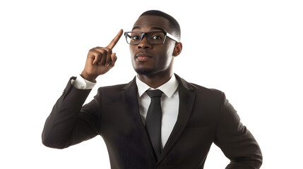 African American businessman in suit pointing finger to head, thoughtful expression.