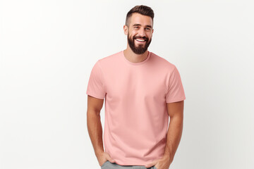 Fototapeta premium A Stylish T-Shirt Advertising Mockup: Young Man Model Wearing a Short Sleeve Pink T-Shirt