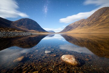 Obraz premium Tranquil nightscape at a quiet lake surrounded by majestic mountains serene reflection peaceful atmosphere