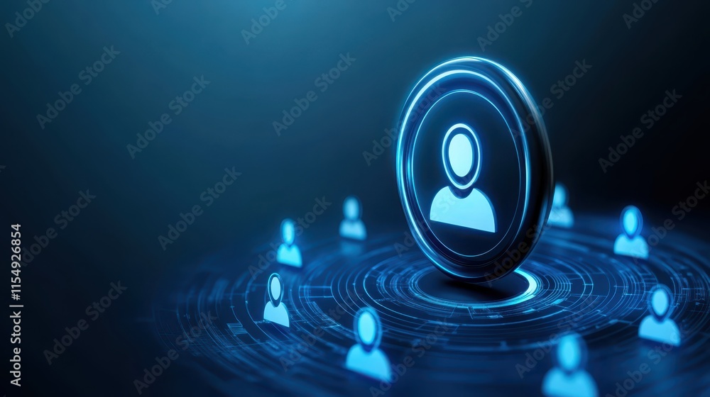 Poster blue circle symbol with person icon, representing communication, connection and user profile in digi