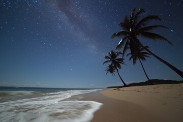 Serene nighttime beach view palm trees and ocean waves tranquil coastal landscape night sky peaceful atmosphere