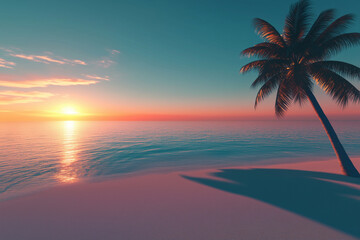 Obraz premium Tropical beach landscape with a palm tree and white sand, with clear sky