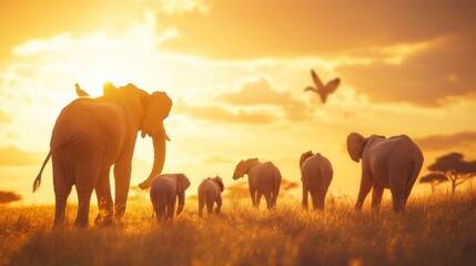 Fototapeta premium Majestic Elephants Walking Together at Sunset in the African Savanna Landscape with Birds Flying in the Background Creating a Scenic View of Nature's Beauty