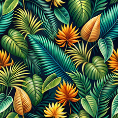 A vibrant tropical leaf pattern with vibrant green and orange hues.