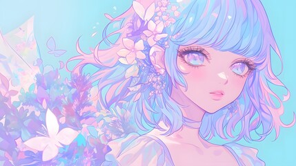 Pastel-colored anime girl, delicate design, and soft dreamy tones