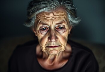 Fototapeta premium Elderly woman with a somber expression, sitting in a dimly lit room