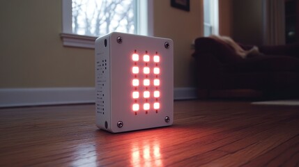 Red LED light therapy device on hardwood floor.