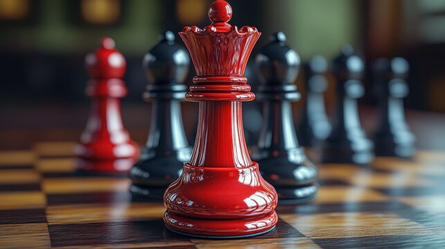 Close-up of a red queen chess piece surrounded by black pieces on a wooden chessboard. Strategic game concept.