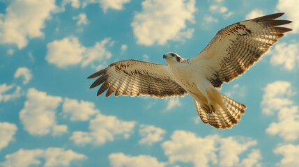 Obraz premium Majestic Hawk Spreading Wings in the Bright Blue Sky with Fluffy Clouds Capturing the Beauty of Nature and Freedom in the Open Air