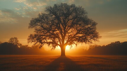 A majestic tree silhouetted against a vibrant sunset in a serene landscape.