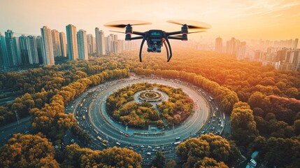 A drone surveillance system flying in circular patterns over a bustling city, capturing real-time footage of urban life and traffic flow