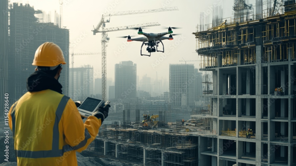Poster a dynamic city building site with drones and workers leveraging advanced technology to create sustai