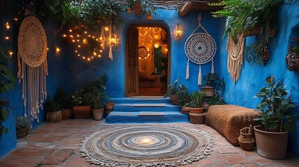 Obraz premium Blue Courtyard Decorated With Dream Catchers Plants And Lights