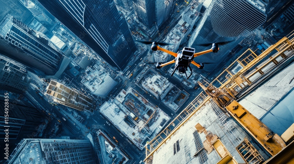 Poster a dynamic city building site with drones and workers leveraging advanced technology to create sustai
