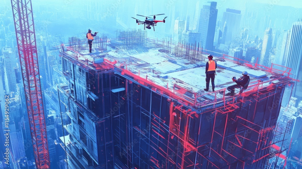 Poster a high-rise construction site with drones flying and workers analyzing data on digital devices, show