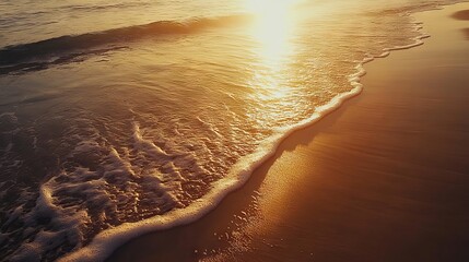 Serene beach sunrise, gentle waves washing over wet sand, soft golden morning light, calm ocean horizon, peaceful dawn reflection, minimalist coastal scene, dreamlike atmosphere, emotional nature