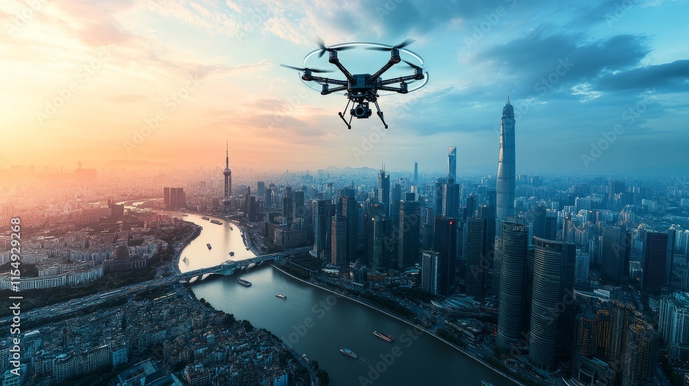 Poster a high-tech drone system hovering in the sky, flying in circles above a vibrant cityscape while moni