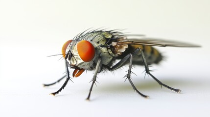 Close-up of a fly with orange eyes on a white background.