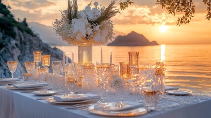 Upscale coastal dining setup, golden sunset ambiance, sophisticated table arrangement, pristine white decor, elegant glassware, peaceful seascape, luxury vacation photography