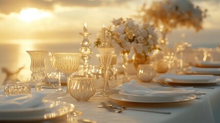Upscale coastal dining setup, golden sunset ambiance, sophisticated table arrangement, pristine white decor, elegant glassware, peaceful seascape, luxury vacation photography