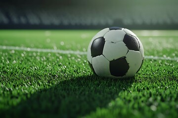 Fototapeta premium Soccer ball on green grass background with copy space for text