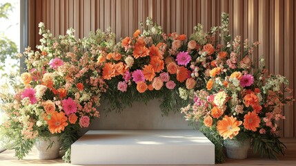 Fototapeta premium Vibrant floral archway with display platform.