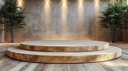 Fototapeta premium Two-tiered round wooden podium in minimalist room.