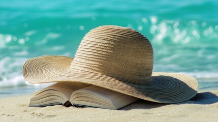 summer reading composition, oversized floppy hat on sand, book pages flowing in breeze, turquoise water background, warm sunlit scene, peaceful coastal moment, artistic beach photography, shallow