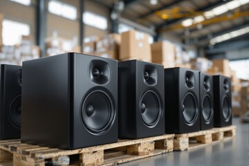 Black speakers on wooden pallets in a warehouse setting, with cardboard boxes in the background.