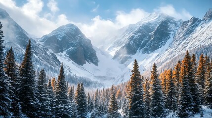 Beautiful winter landscape with snow covered mountains and blue sky