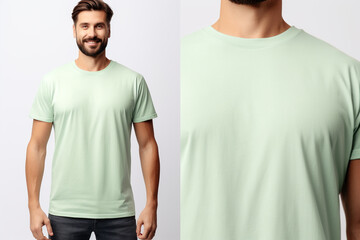 A Stylish T-Shirt Advertising Mockup: Young Man Model Wearing a Short Sleeve Light Green T-Shirt