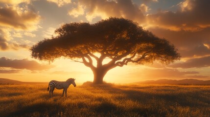 Naklejka premium Majestic Sunset Landscape Featuring a Zebra Underneath a Large Tree with a Golden Sky, Highlighting the Beauty of Nature and Wildlife in Serene Environment