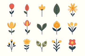 Collection of simple flat style floral icons; tulips, leaves, flowers.