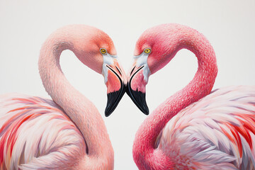 Naklejka premium A vibrant group of flamingos with vivid pink feathers, their curved beaks highlighted