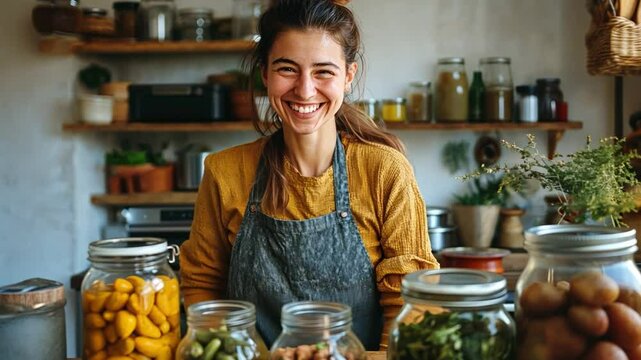 Happy girl learning traditional fermentation and preservation methods at home