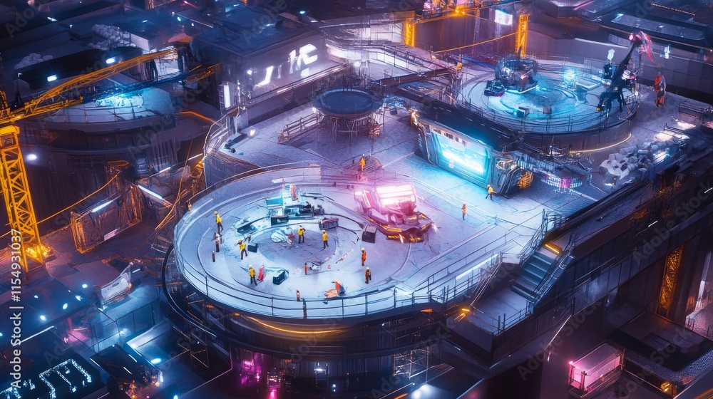 Poster futuristic construction site with workers coordinating via smart devices while drones provide real-t