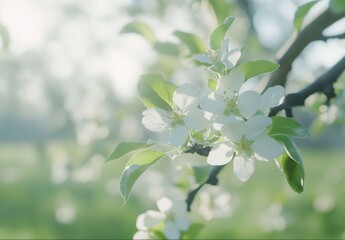 Naklejka premium Delicate White Apple Blossom Flowers in Soft Light with Green Leaves, Nature's Beauty in Springtime Floral Scene of Freshness and Renewal