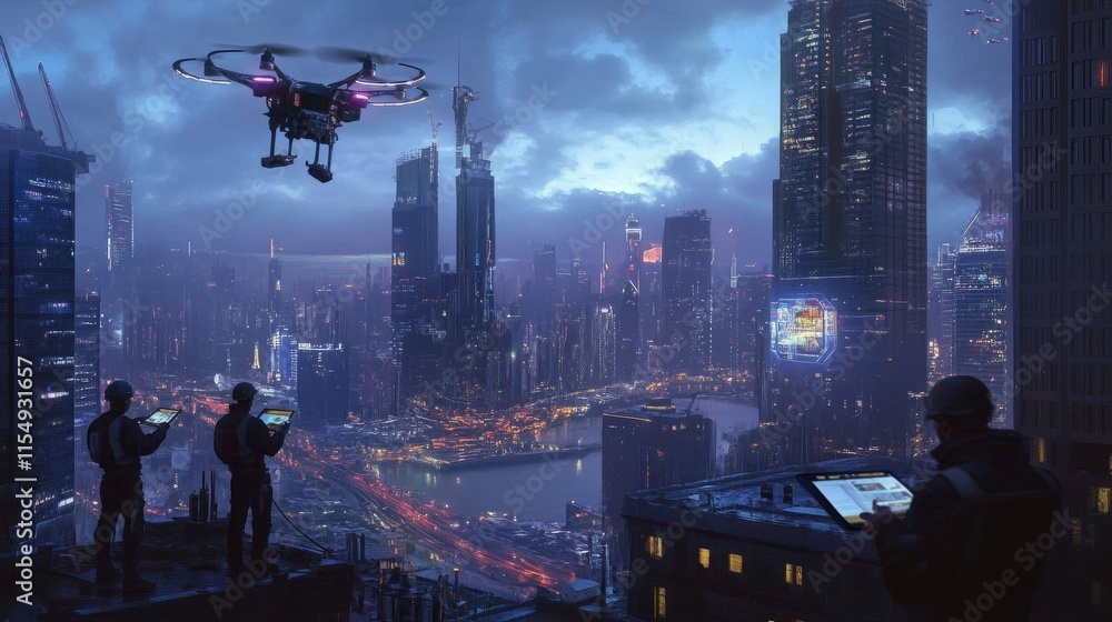 Poster innovative city construction site with drones hovering and workers using augmented reality tablets f