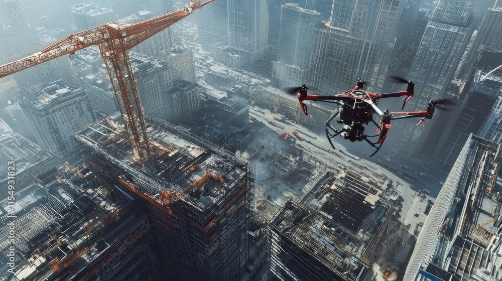 Poster innovative urban construction site with drones capturing footage and workers engaging with ai tools 
