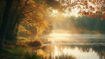 Obraz premium Golden Autumn Sunrise over Misty Pond. Tranquil Forest Scene.