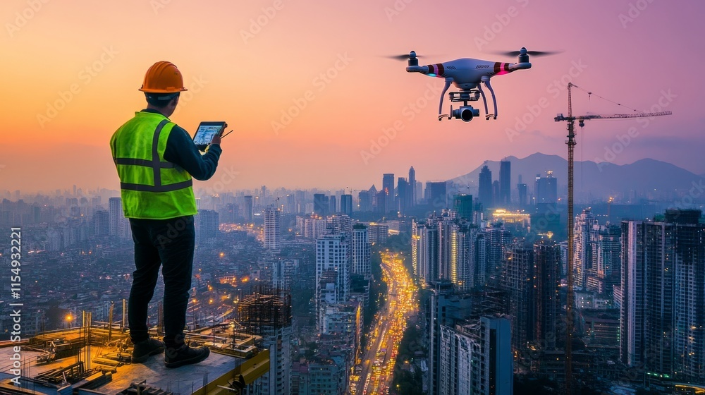 Poster urban development scene with a drone capturing overhead views as workers utilize technology to build