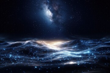 Fototapeta premium Tranquil nightscape over calm ocean with bioluminescence secluded shoreline digital art serene atmosphere aerial view nature's beauty