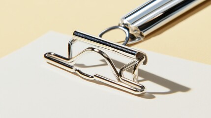 Close-up of a metallic safety razor on a beige background.