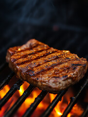 Delicious roasted steak meat on the grill. Meat is fried on fire. Meat restaurant menu.