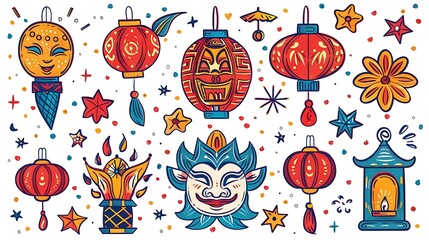 Colorful hand-drawn Chinese lanterns, masks, and festive elements on white background.
