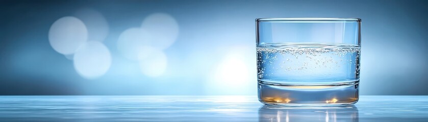 Glass of sparkling water with refreshing bubbles on wooden table, stunning closeup
