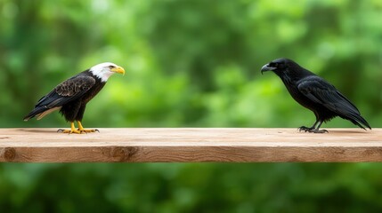 Majestic Eagle and Mysterious Raven on Wooden Table Outdoors